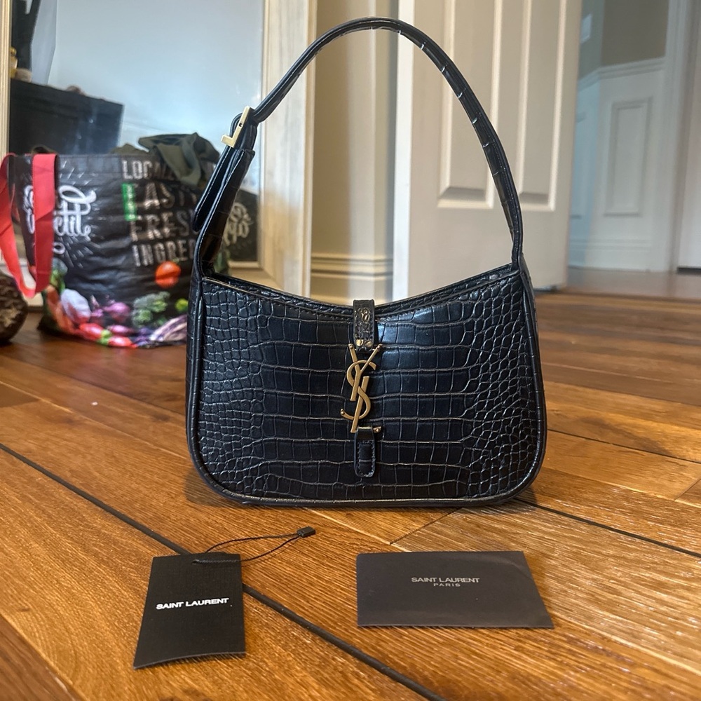 Saint Laurent Black Croc-Embossed Shoulder Bag with Gold YSL Hardware - Picture 1 of 5